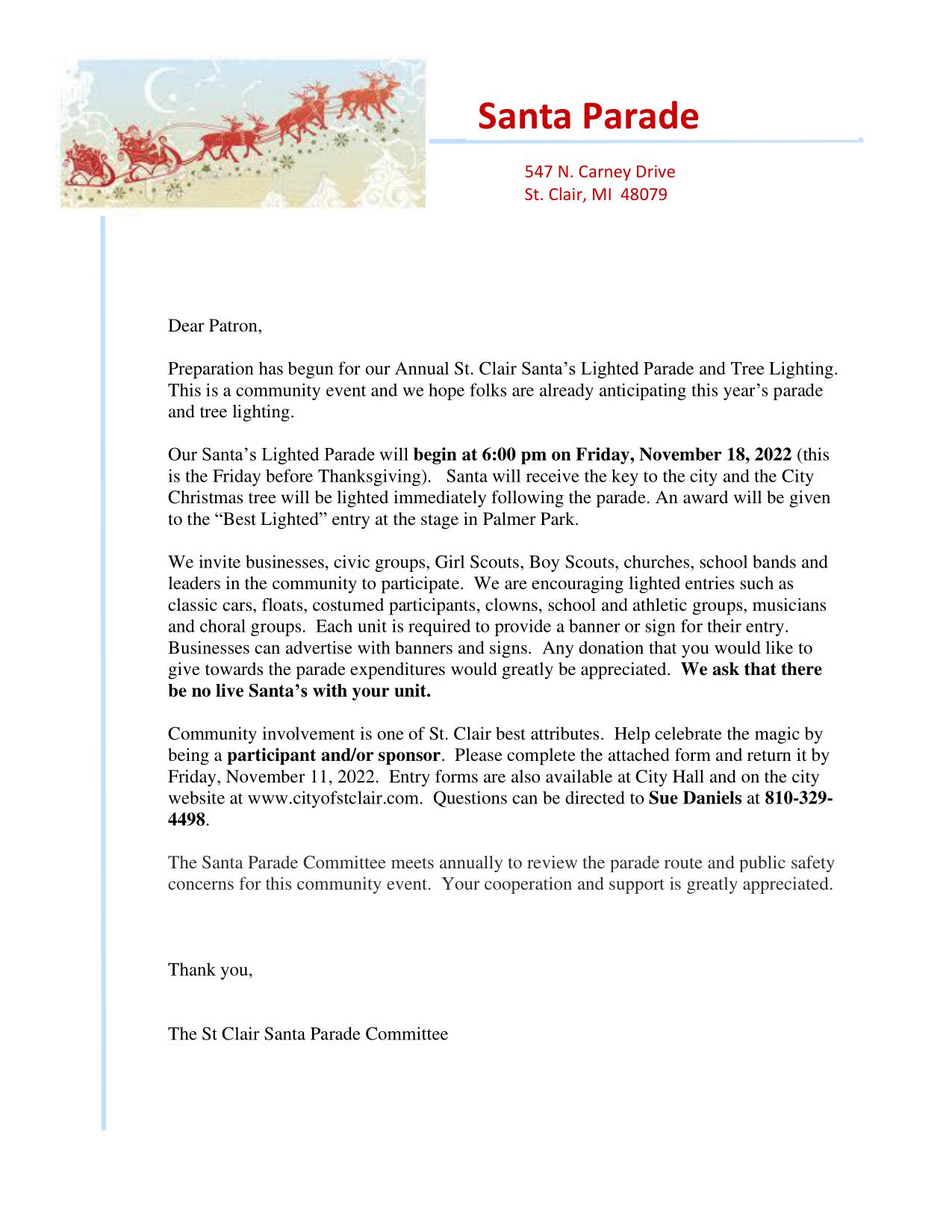 Santa Parade Sponsor-Participation Letter 2022